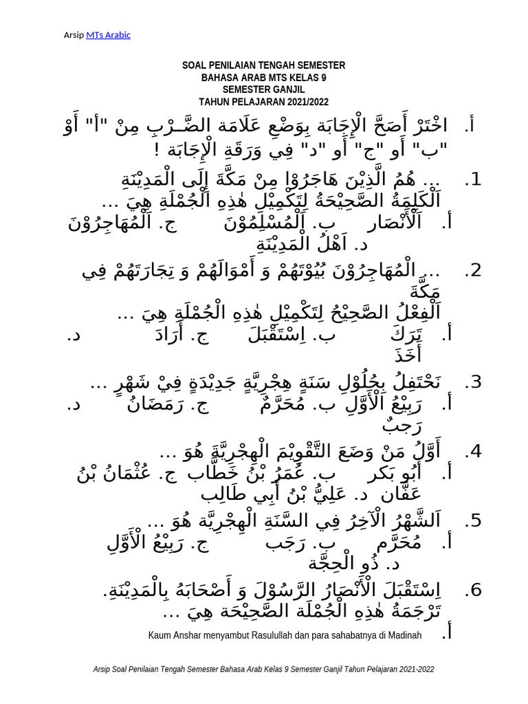 Soal PTS Bahasa Arab Kelas 9 Semester Ganjil Tahun Pelajaran 2021-2022 ...