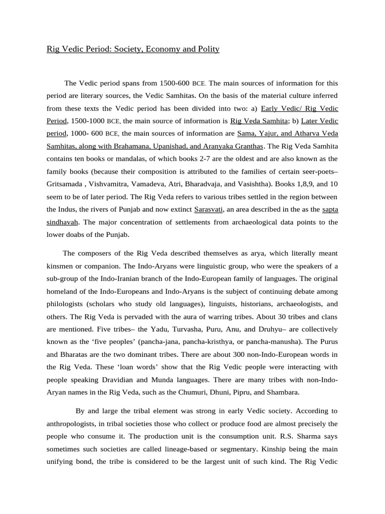 Rig Vedic Period Notes | PDF | Vedas | Hindu Literature