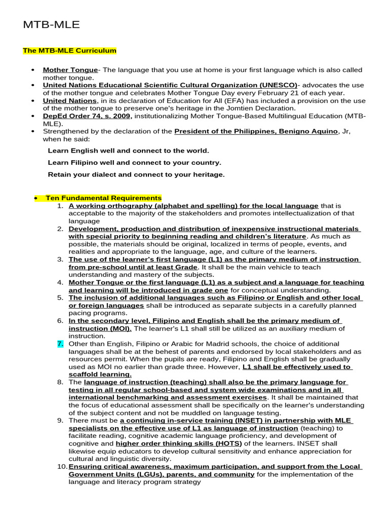 MTB-MLE Curriculum Overview and Benefits | PDF | Learning | First Language