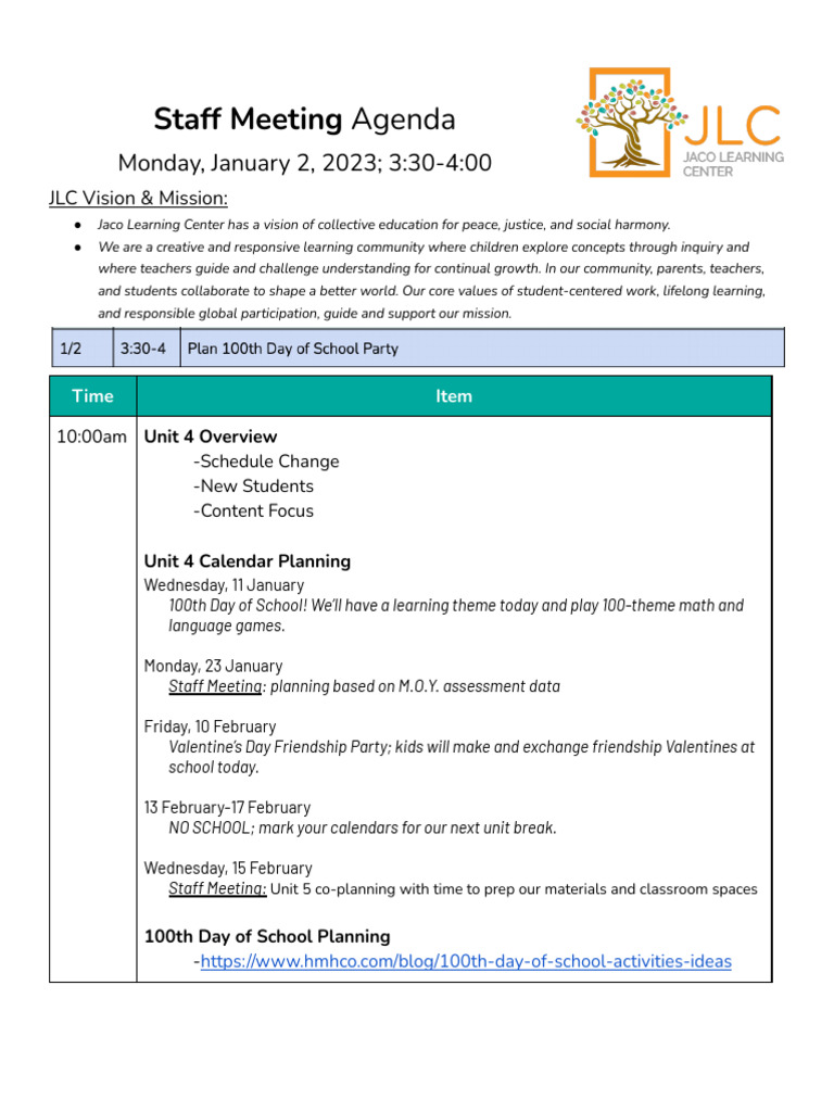 JLC Staff Meeting Agenda | PDF