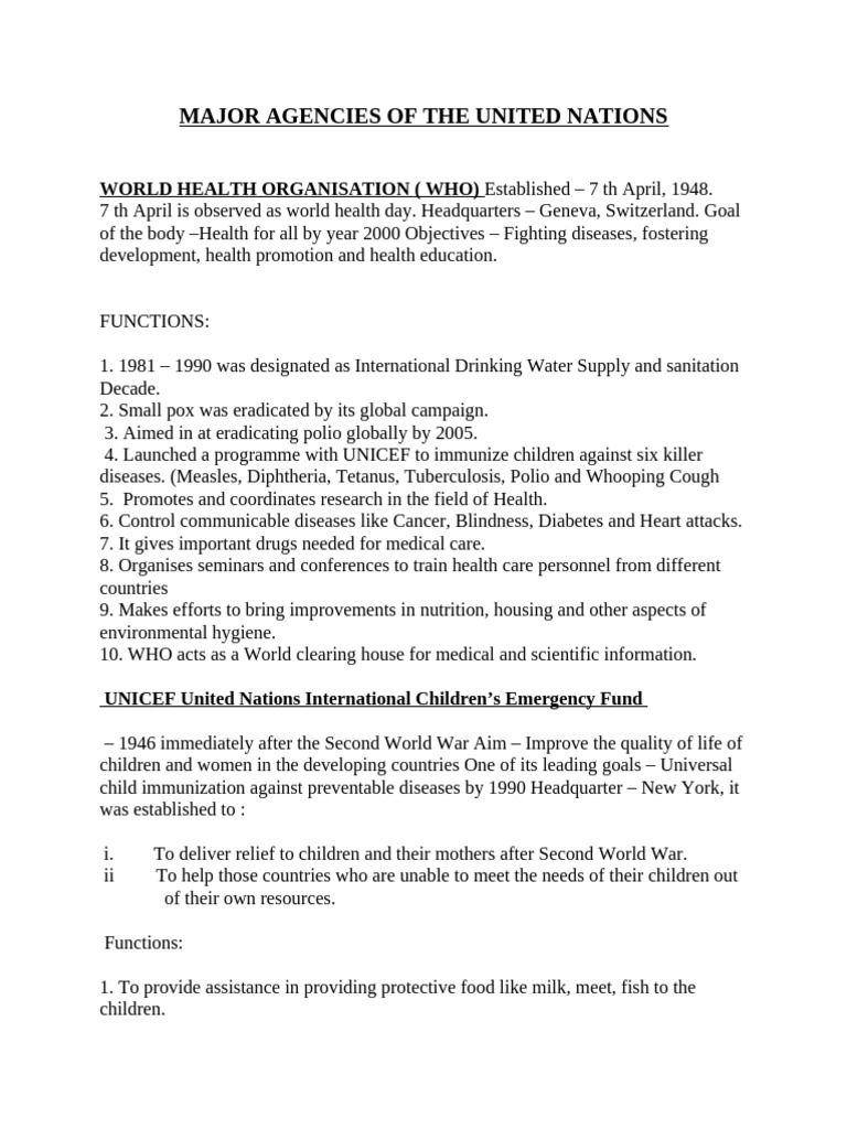 Major Agencies of the United Nations | PDF | World Health Organization ...