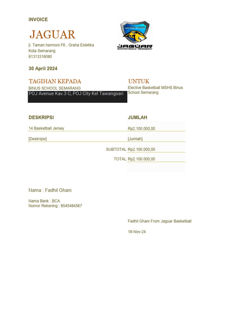 Invoice Jersey Basket untuk Binus Semarang | PDF