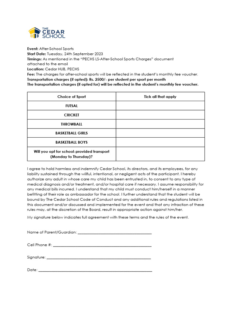 PECHS LS-After-School Sports Consent Form | PDF