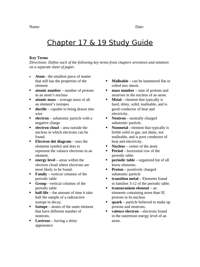 Chapter 17 & 19 Study Guide Answers | PDF | Atoms | Proton