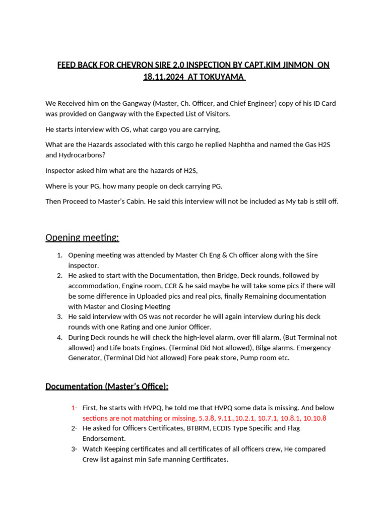 Chevron SIRE 2.0 Inspection Feedback | PDF | Audit