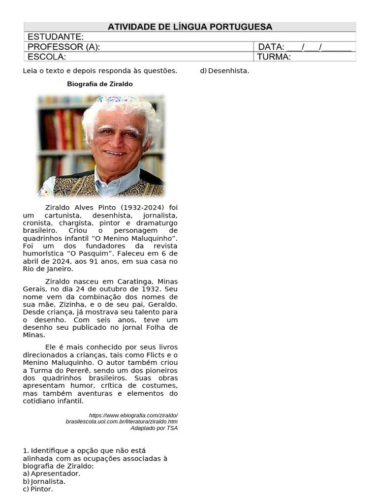 Biografia de Ziraldo: Vida e Obras | PDF