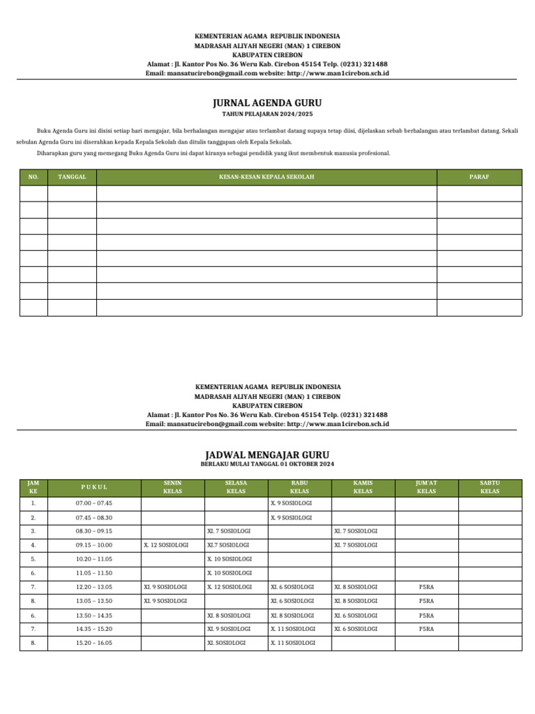 Jurnal Agenda dan Mengajar Guru MAN 1 Cirebon | PDF