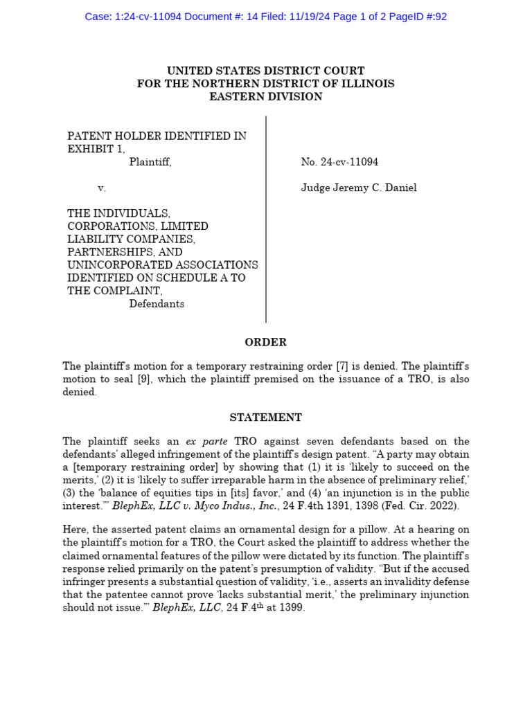 Patent Holder 1-24-cv-11094 - Order Re DP Validity | PDF | Injunction ...