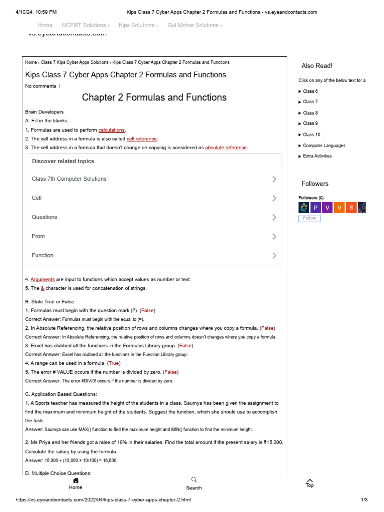 Kips Class 7 Cyber Apps Chapter 2 Formulas and Functions | PDF ...