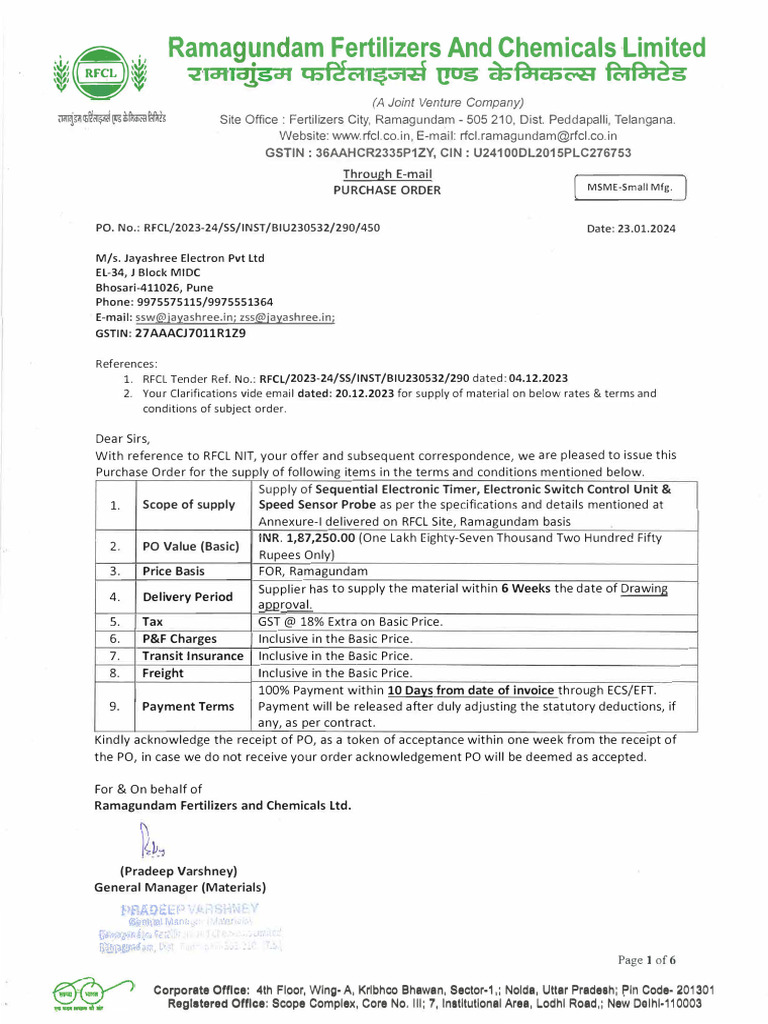 RFCL Purchase Order for Electronic Components | PDF | Payments | Taxes