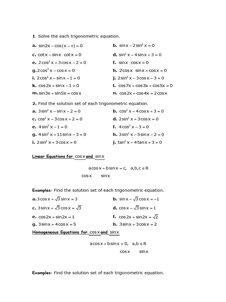 Trigonometric Equations Practice Set | PDF | Trigonometric Functions ...