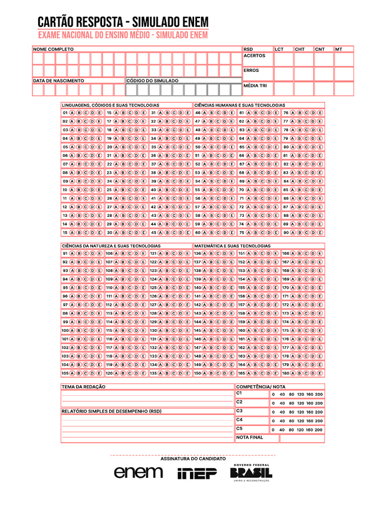 Cartão Resposta Simulado ENEM | PDF | Testes padronizados | Escolas