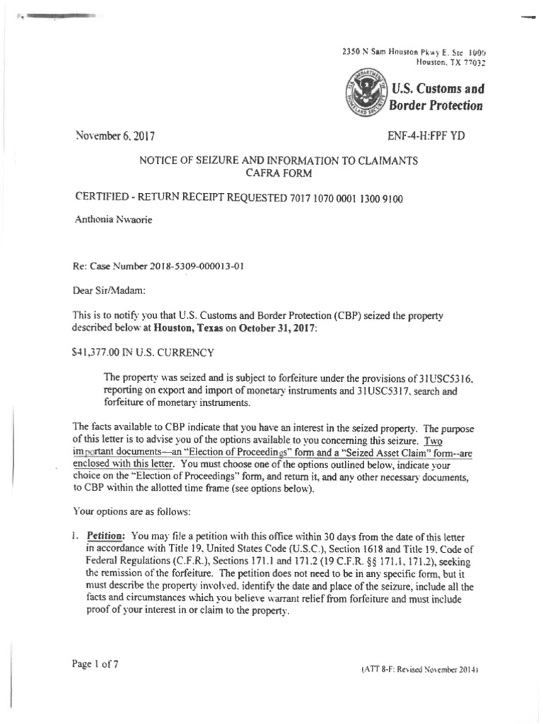 EX. A Notice of Seizure and Information To Claimants CAFRA Form ...