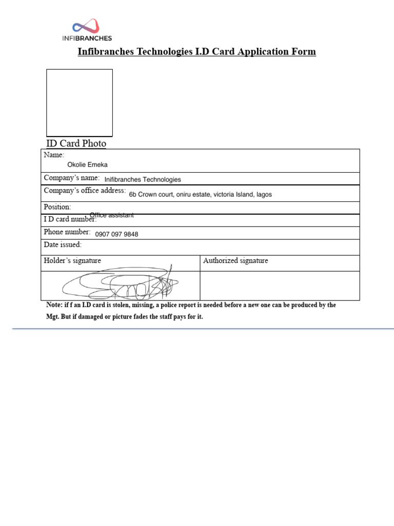 Infibranches ID Card Application Form | PDF | Business