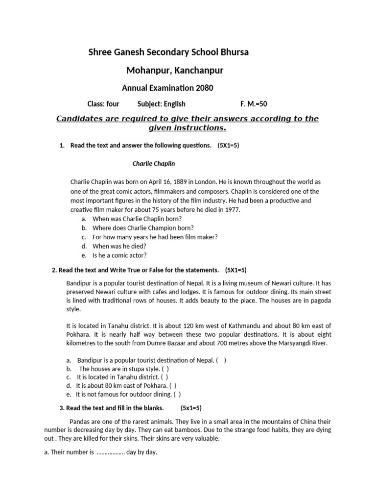 Class 4 English Annual Exam 2080 | PDF