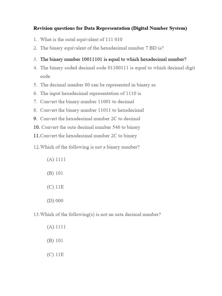 Data Representation Revision Questions | PDF