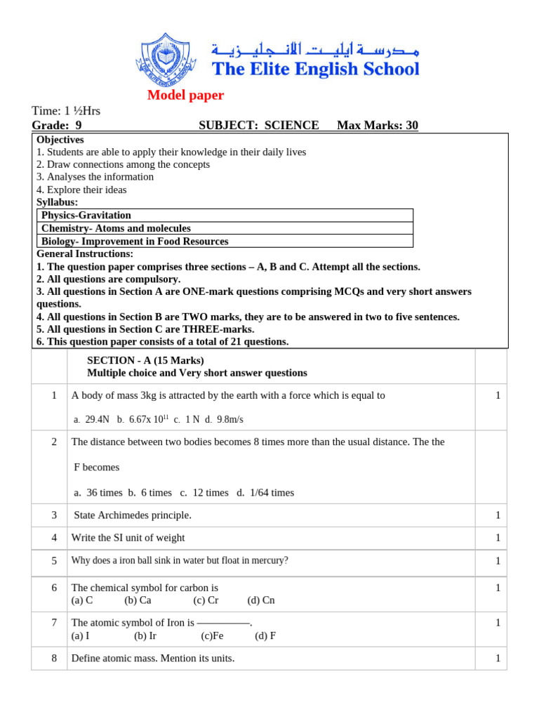 Science Unit Test 2 Model Paper - EES | PDF | Multiple Choice | Chlorine