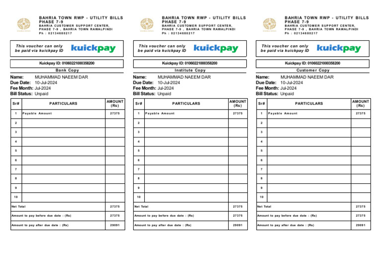 Bahria Town RWP Utility Bill Details | PDF