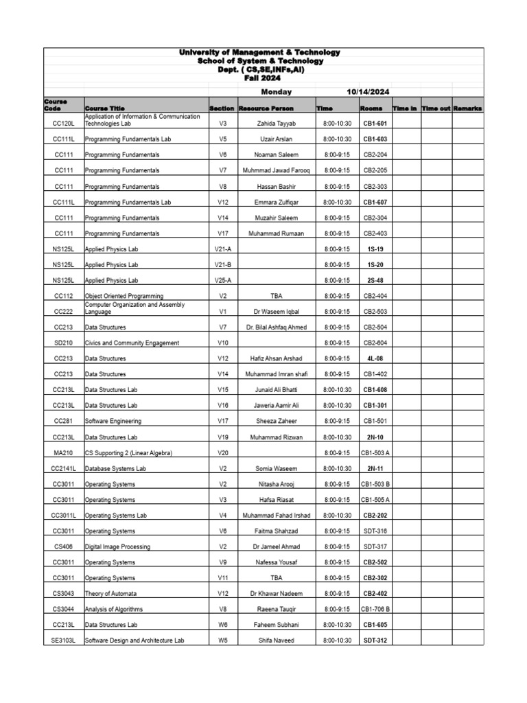 Timetable Fall 2024 Room Allocation PDF Computing Computer Science