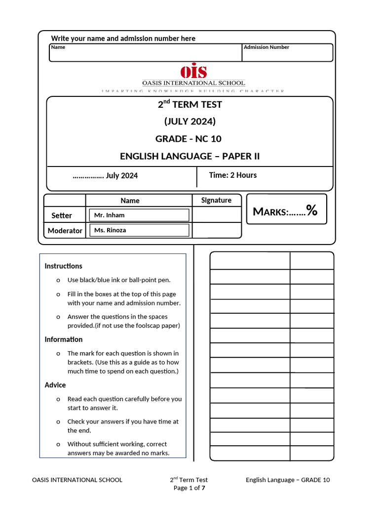 Grade 10 English Language Test 2024 | PDF | Language Arts & Discipline ...