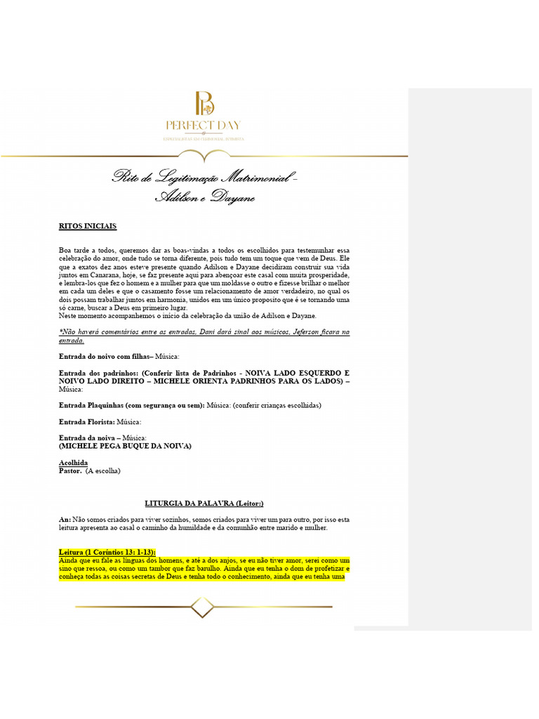 Celebração Matrimonial de Adilson e Dayane | PDF | Amor | Presente ...