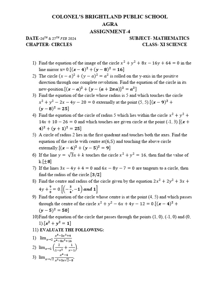 Class XI Math: Circles & Limits Assignment | PDF