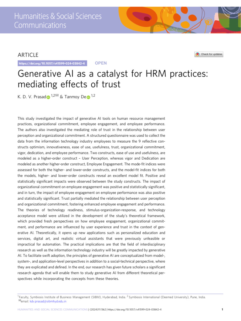Prasad 2024 Generative AI As A Catalyst For HRM Practices Mediating ...