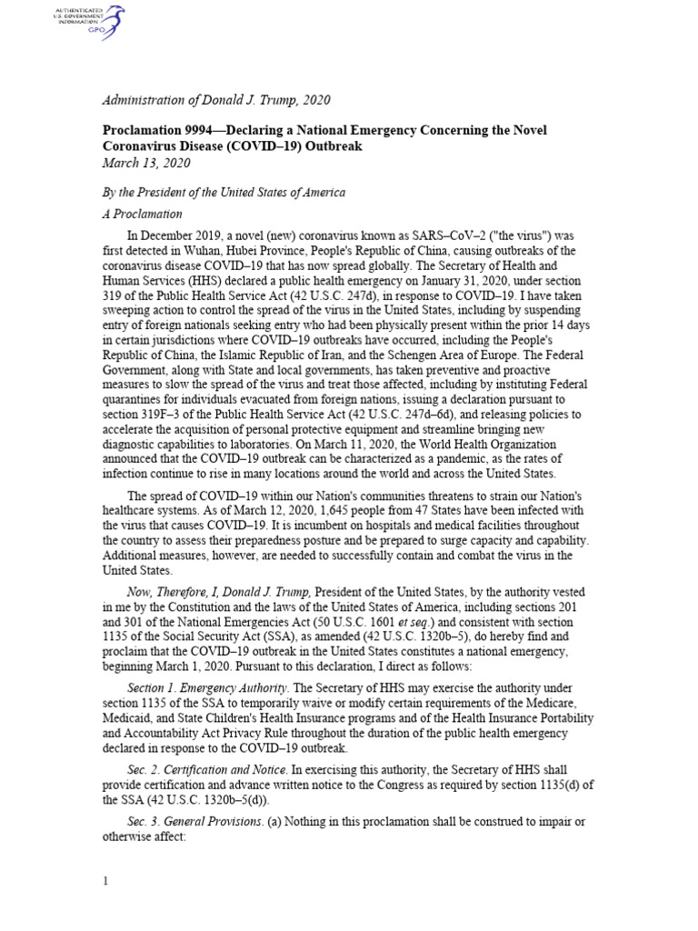 Trump COVID-19 National Emergency Proclamation | PDF | Medicine