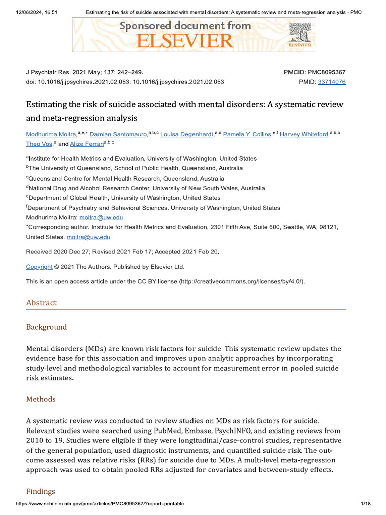 Estimating The Risk of Suicide Associated With Mental Disorders | PDF