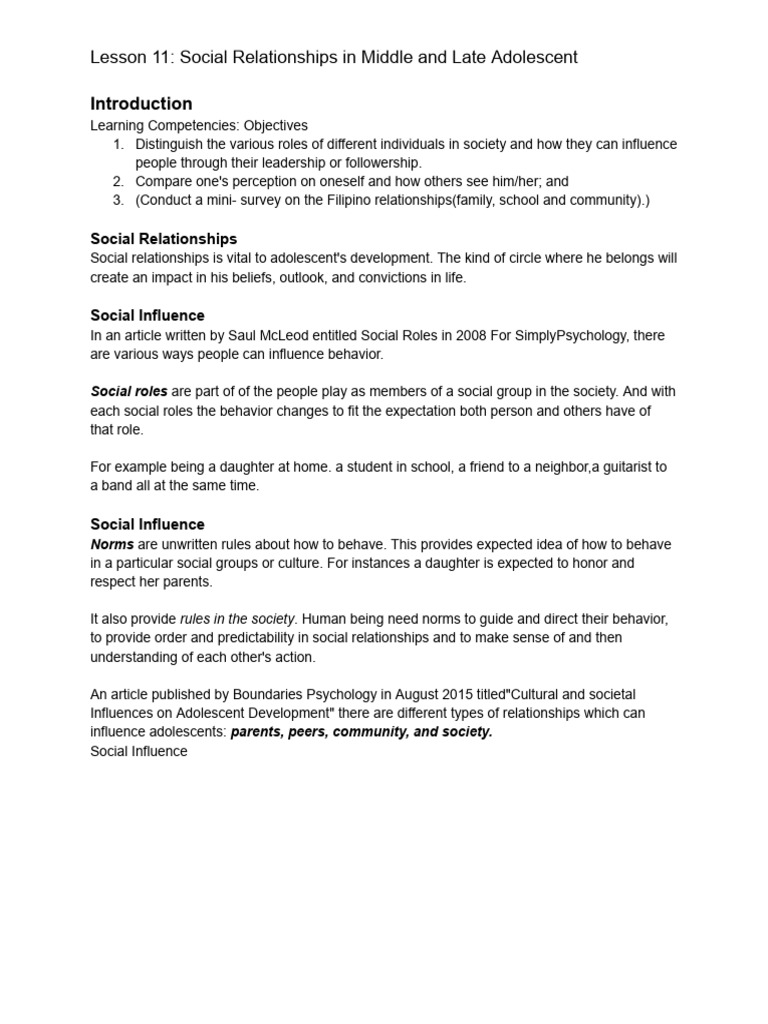 Social Relationship in Middle and Late Adolescence | PDF | Adolescence ...