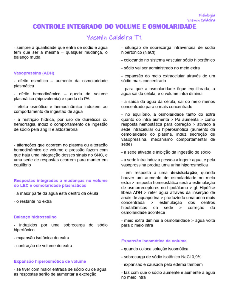 Controle Osmótico e Volume Plasmático | PDF | Rim | Osmose