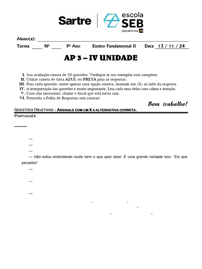 Avaliação AP3 9º Ano - Português e Matemática | PDF | Poluição ...