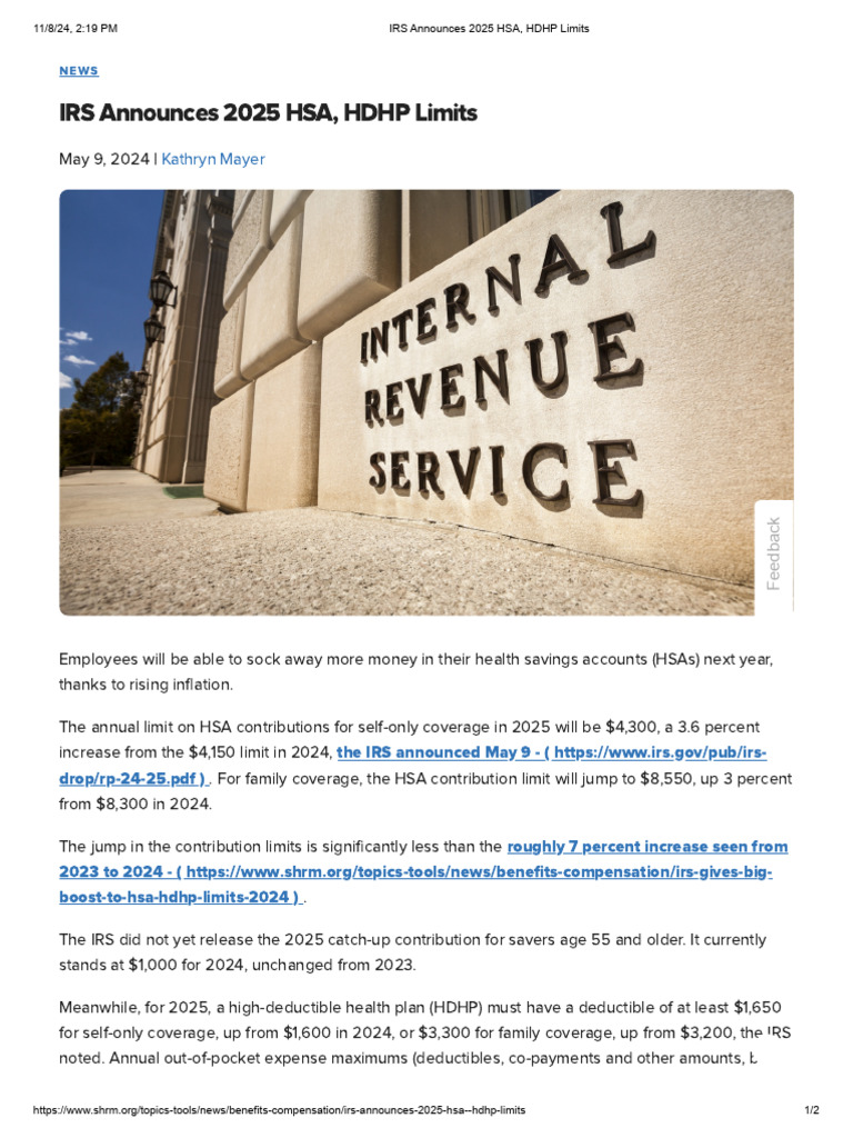 IRS Announces 2025 HSA, HDHP Limits PDF Health Savings Account Health Care