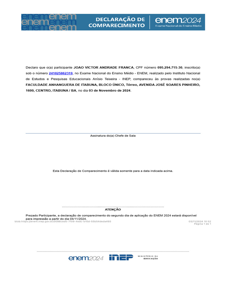 Declaração de Comparecimento ENEM 2024 | PDF