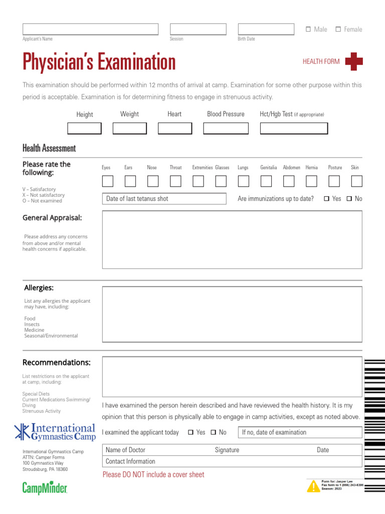 Gymnastics Camp Health Assessment Form | PDF