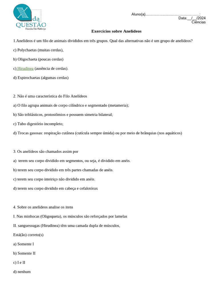 Exercícios sobre Anelídeos para 7º Ano | PDF