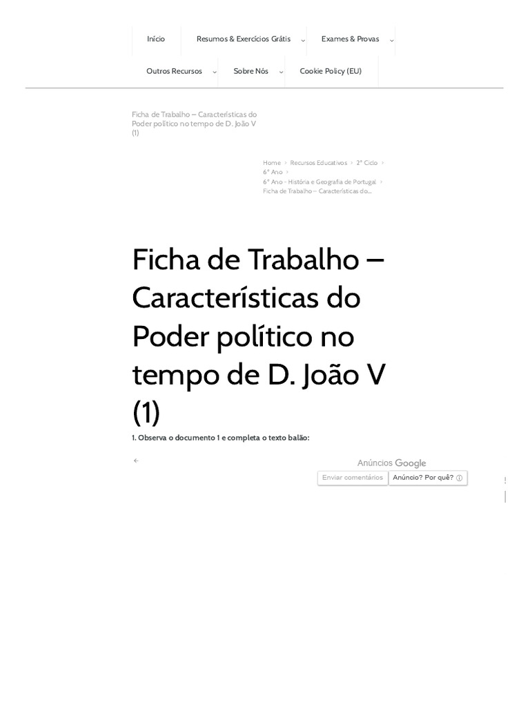 Ficha de Trabalho - Características Do Poder Político No Tempo de D ...