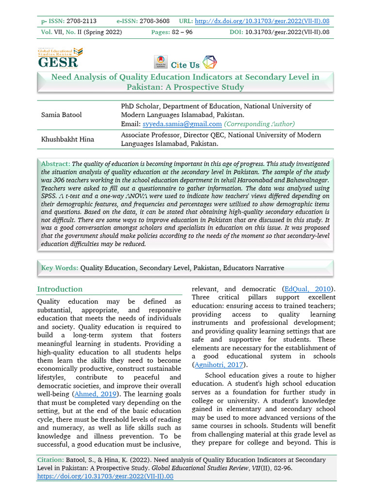 Quality Education Indicators in Pakistan | PDF | Curriculum | Teachers