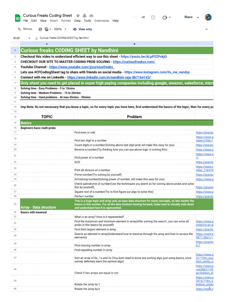 Curious Freaks Coding Sheet - Google Sheets | PDF