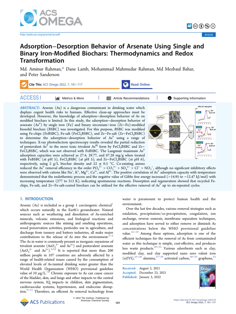 Rahman Et Al 2022 Adsorption Desorption Behavior of Arsenate Using ...