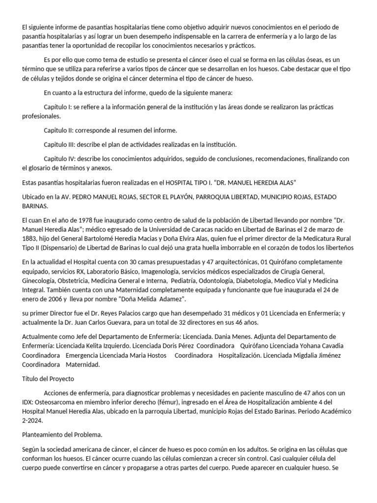 Informe sobre Cáncer Óseo en Pasantías de Enfermería | PDF | Cáncer ...