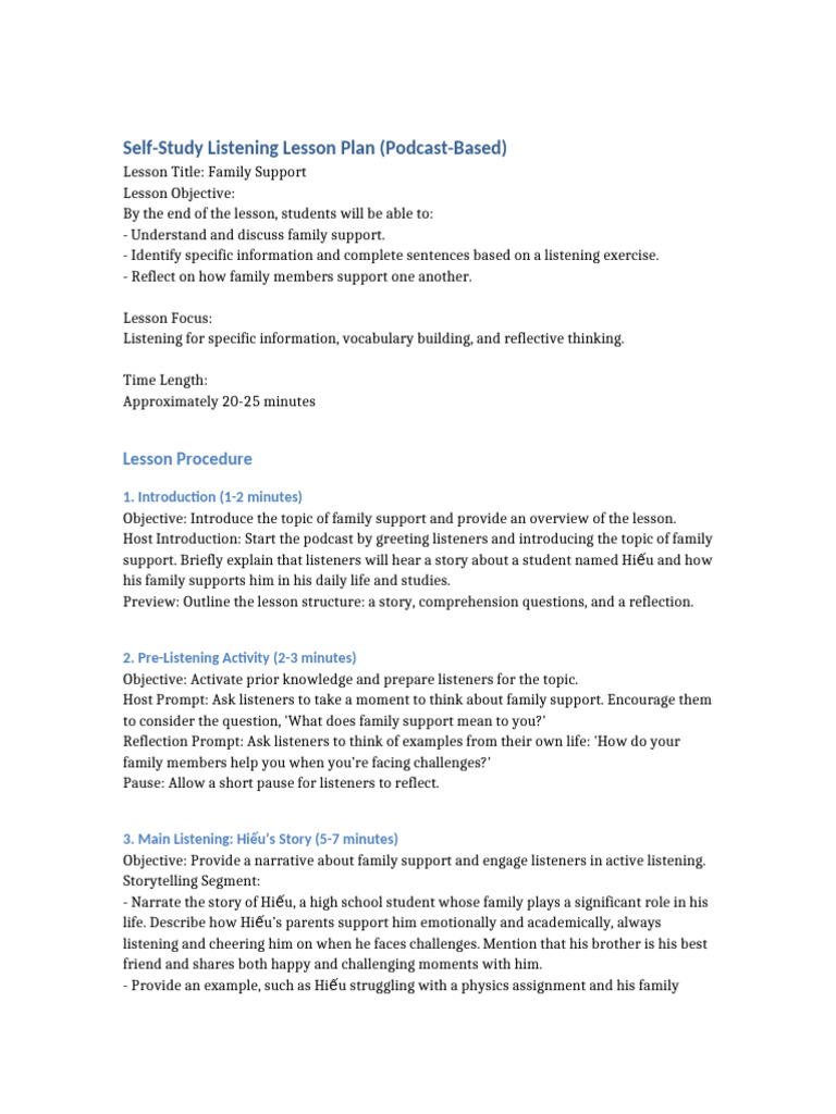 Family Support Lesson Plan | PDF | Reading Comprehension | Cognitive ...