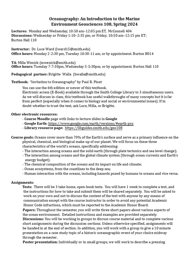 GEO108 Oceanography Syllabus Spring 2024 | PDF | Oceans | Oceanography