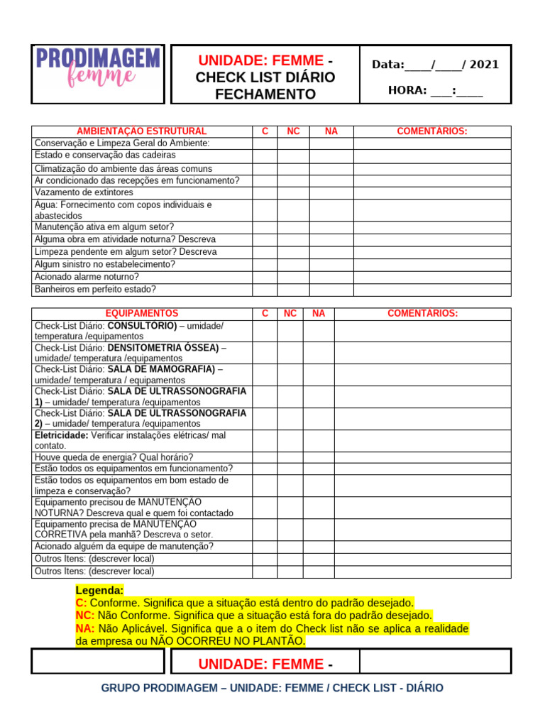 Check List Diário de Manutenção Femme | PDF | Umidade
