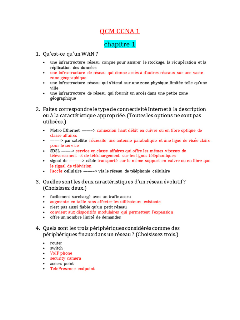 QCM CCNA : Concepts et Configurations | PDF | I Pv6 | Protocole de ...