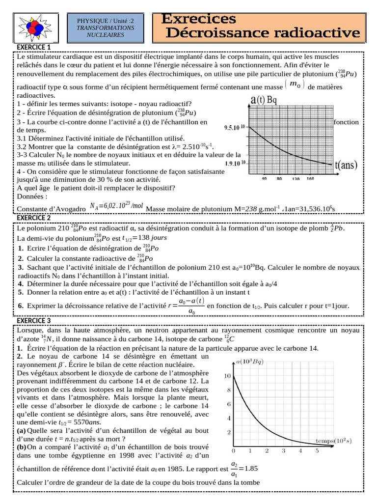 Exercices sur la radioactivité et décroissance | PDF | Radioactivité ...
