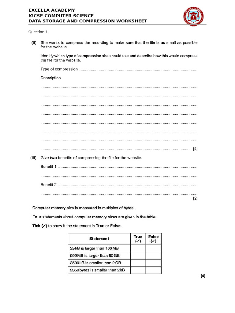 DATA STORAGE and Compression wORKSHEET | PDF