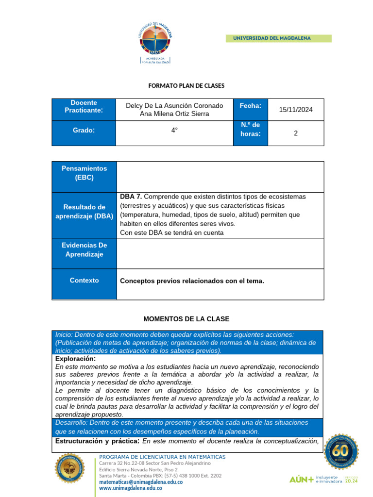 Plan de Clases para Matemáticas 4° | PDF | Aprendizaje | Cognición