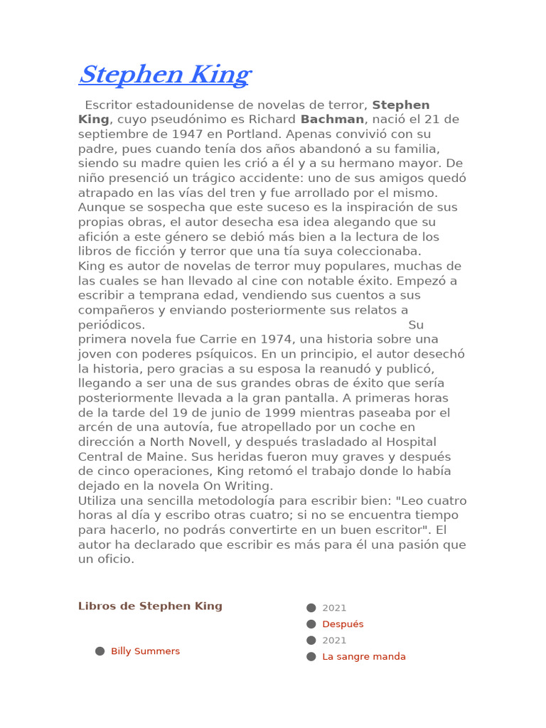 Biografía y obras de Stephen King | PDF | Stephen King