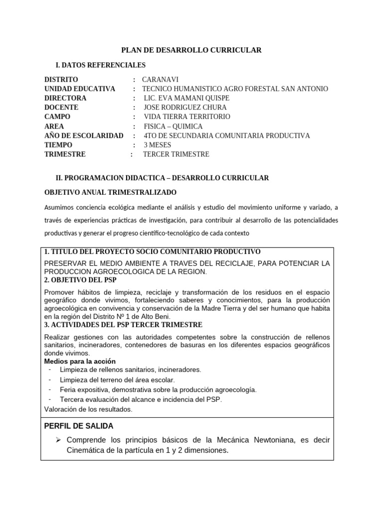 Plan de Desarrollo Curricular Jose 4to Fisica Quimica Tercer Trimestre ...